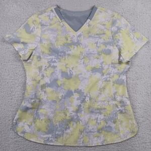 Infinity Scrub Top V-Neck Women L Yellow Grey Abstract Marble CK634